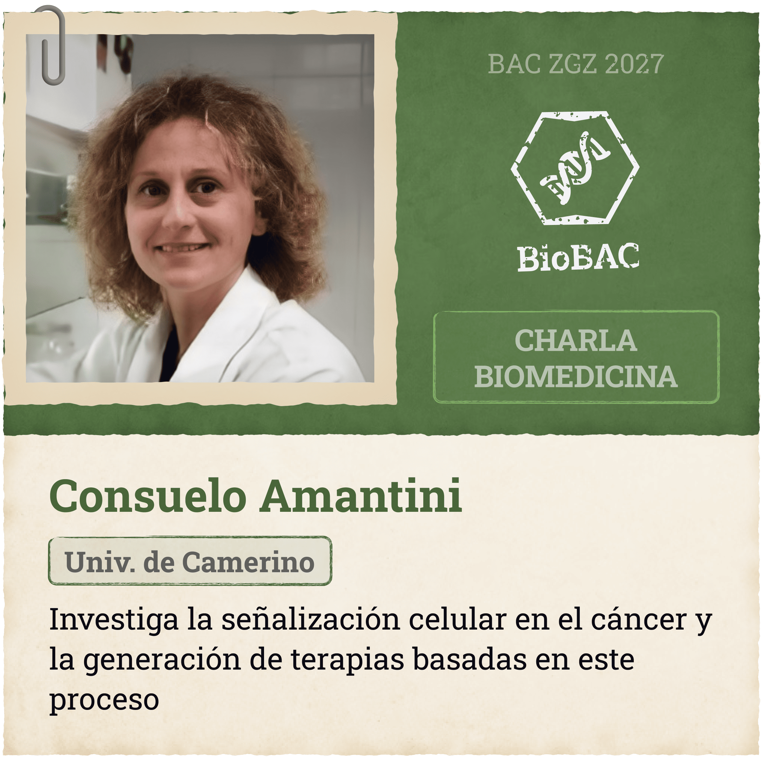 Charla Biomedicina Consuelo Amantini Univ. de Camerino Investiga la señalización celular en el cáncer y la generación de terapias basadas en este proceso
