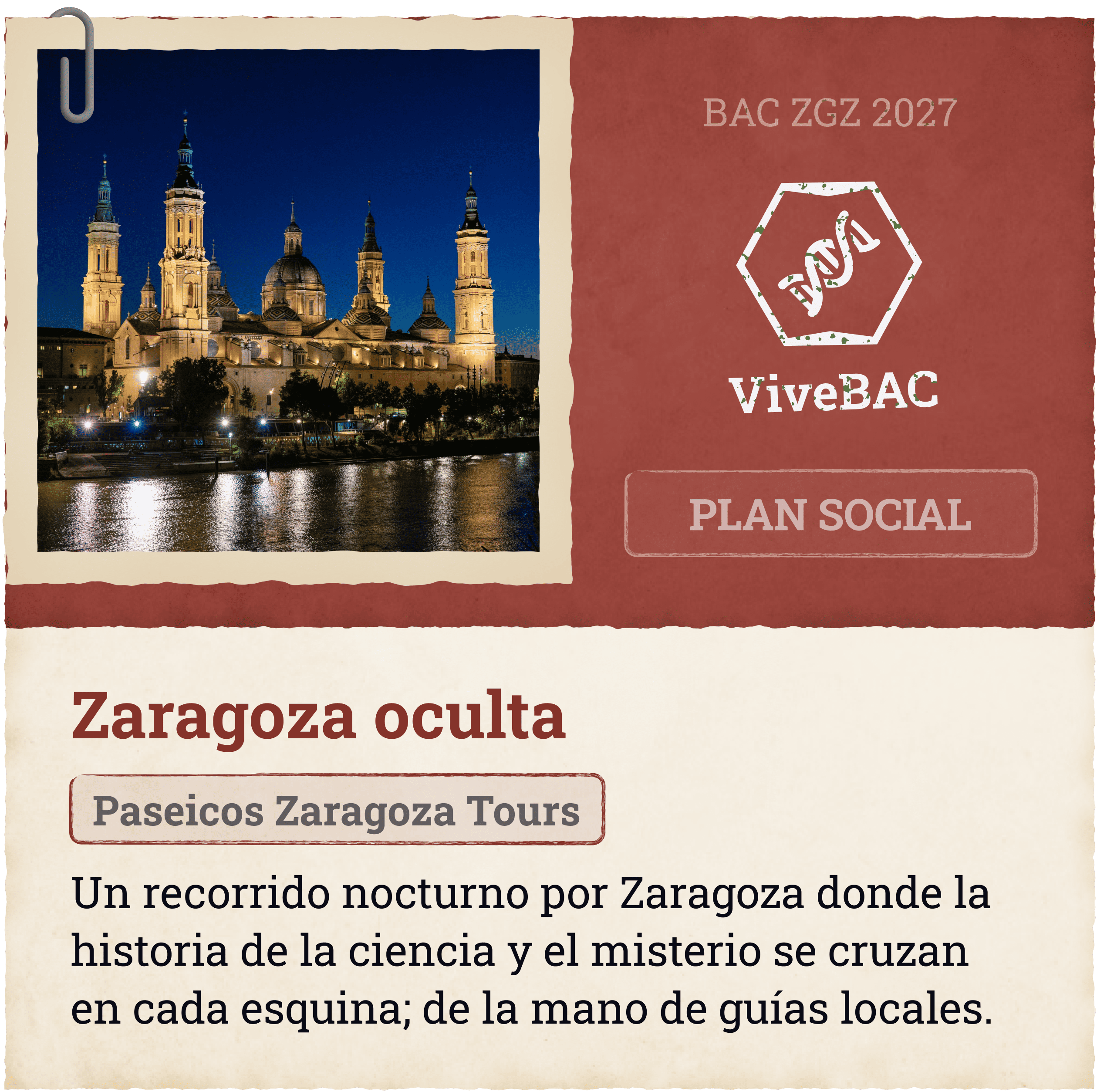 Plan social Zaragoza oculta Paseicos Zaragoza Tours Un recorrido nocturno por Zaragoza donde la historia de la ciencia y el misterio se cruzan en cada esquina; de la mano de guías locales.